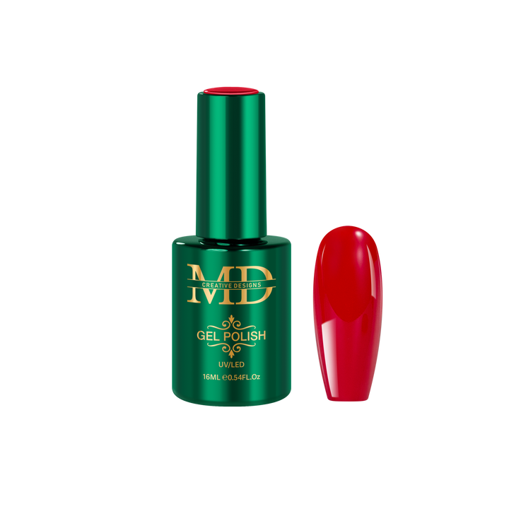 Green gel polish bottle with red nail tip color swatch next to it on a white background