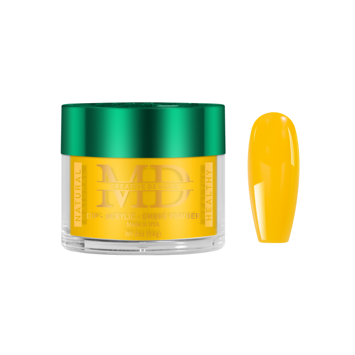 Yellow nail powder in a container with a yellow nail tip color swatch on a white background