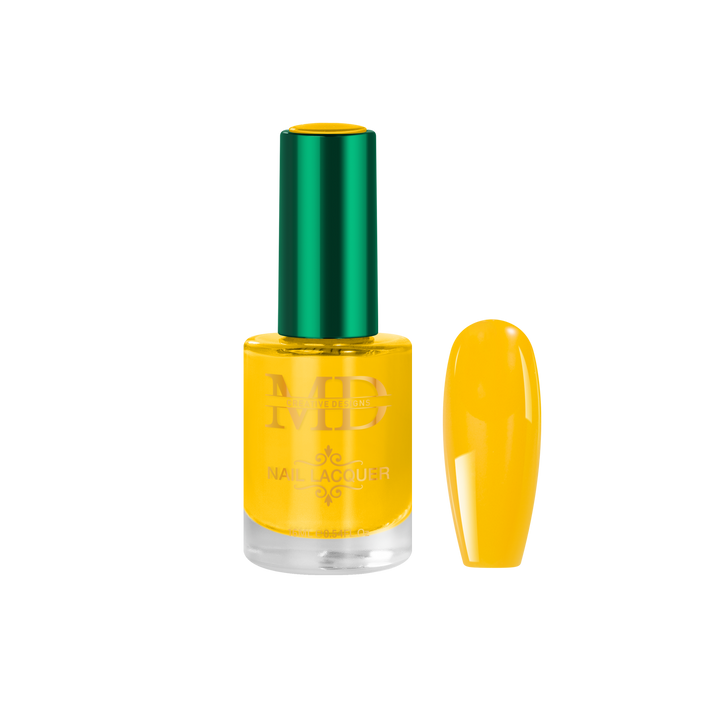 Yellow nail polish bottle with green cap on a white background