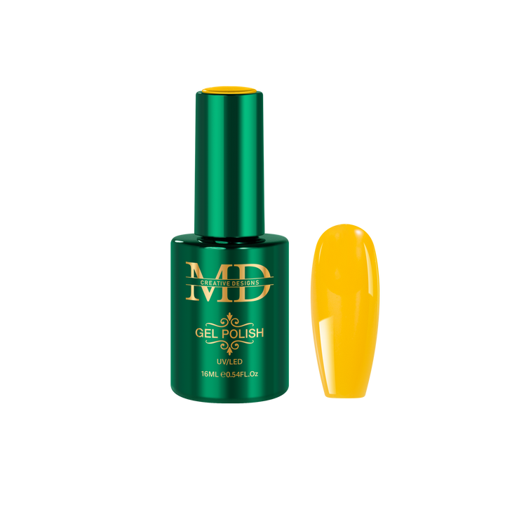 Green gel polish bottle with yellow nail tip color swatch on a white background
