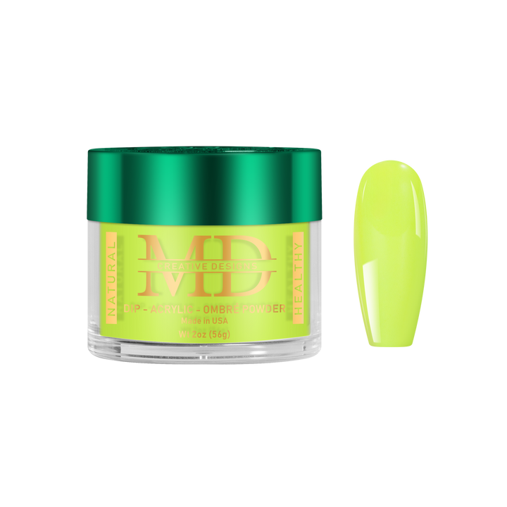 Jar of nail powder with a lime green nail tip color swatch on a white background