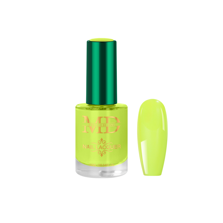 Neon green nail polish bottle with a matching nail tip color swatch on a white background