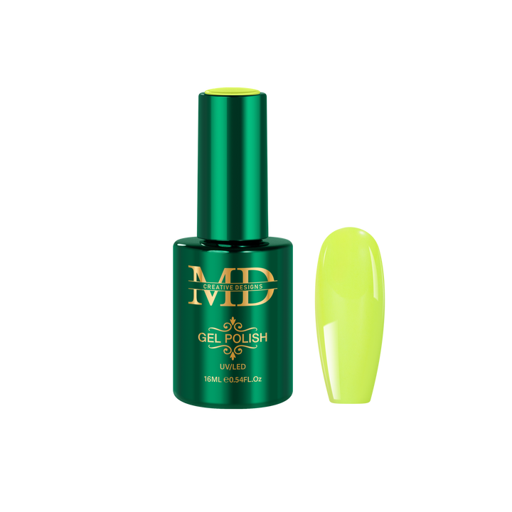 Green gel polish bottle with a yellow nail tip color swatch on a white background