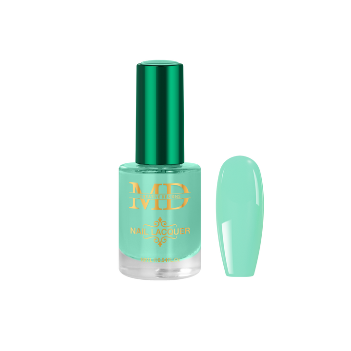Green nail polish bottle with a matching nail tip color swatch on a white background