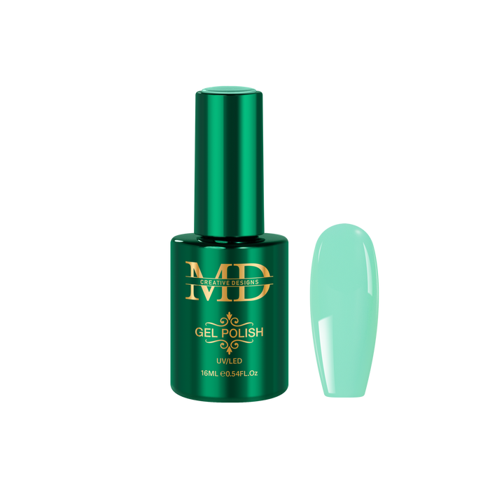 Green gel polish bottle with a matching nail tip color swatch on a white background