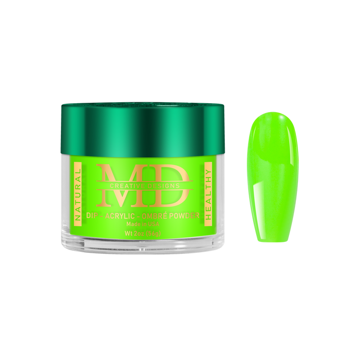 Green nail powder container with a neon green nail tip color swatch on a white background