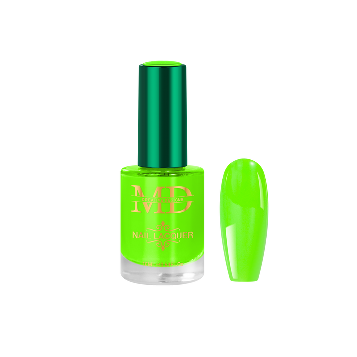 Neon green nail polish bottle with a matching nail tip color swatch on a white background