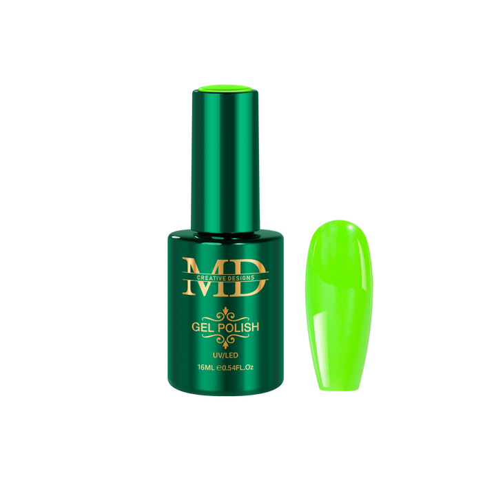 Green gel polish bottle with a matching nail tip color swatch on a white background
