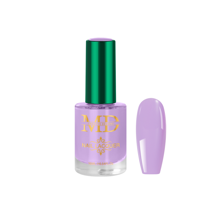 Purple nail polish bottle with green cap and matching nail tip color swatch on a white background