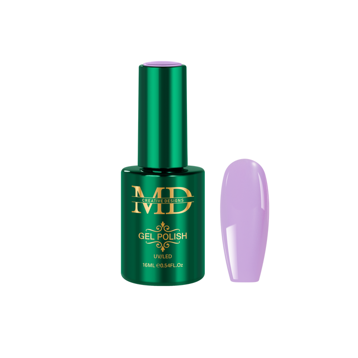 Green gel polish bottle with a purple nail tip color swatch on a white background