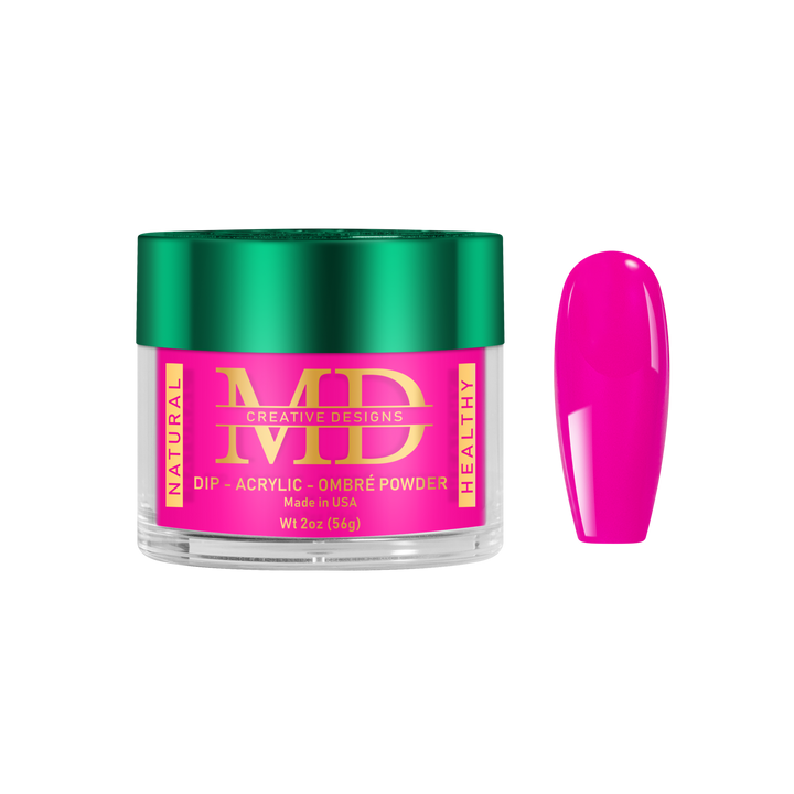 Jar of MD nail powder with a pink nail tip color swatch on a white background