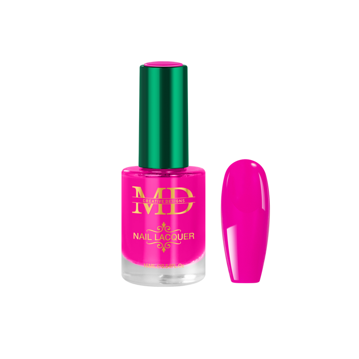 Pink nail polish bottle with green cap on a white background