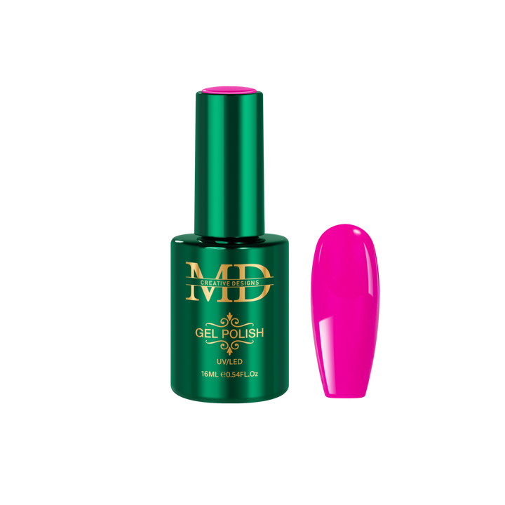 Green gel polish bottle with pink nail tip color swatch on a white background