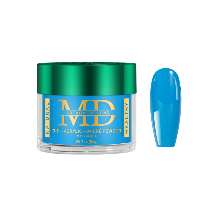 Jar of MD nail powder with a blue nail tip color swatch on a white background
