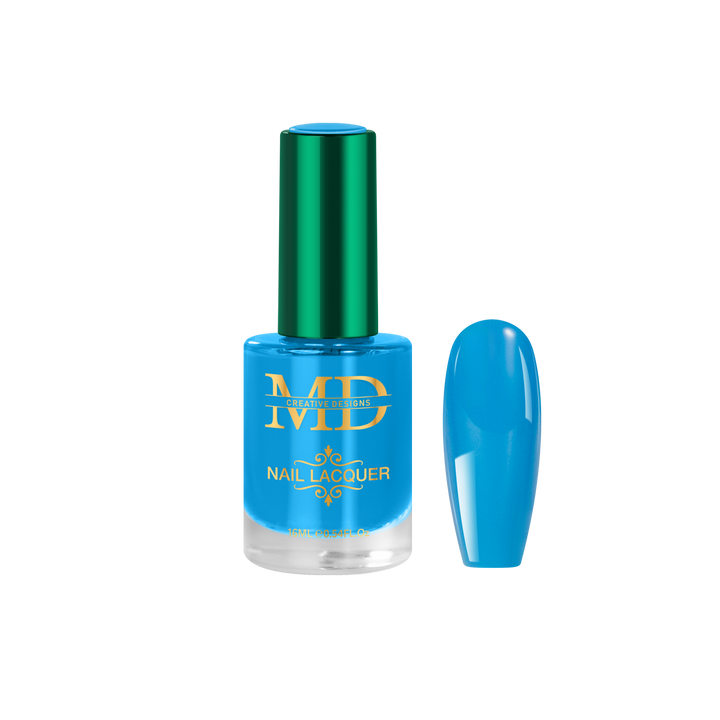 Blue nail polish bottle with green cap on a white background