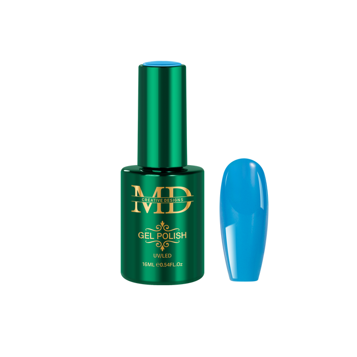Green gel polish bottle with a blue nail tip color swatch on a white background