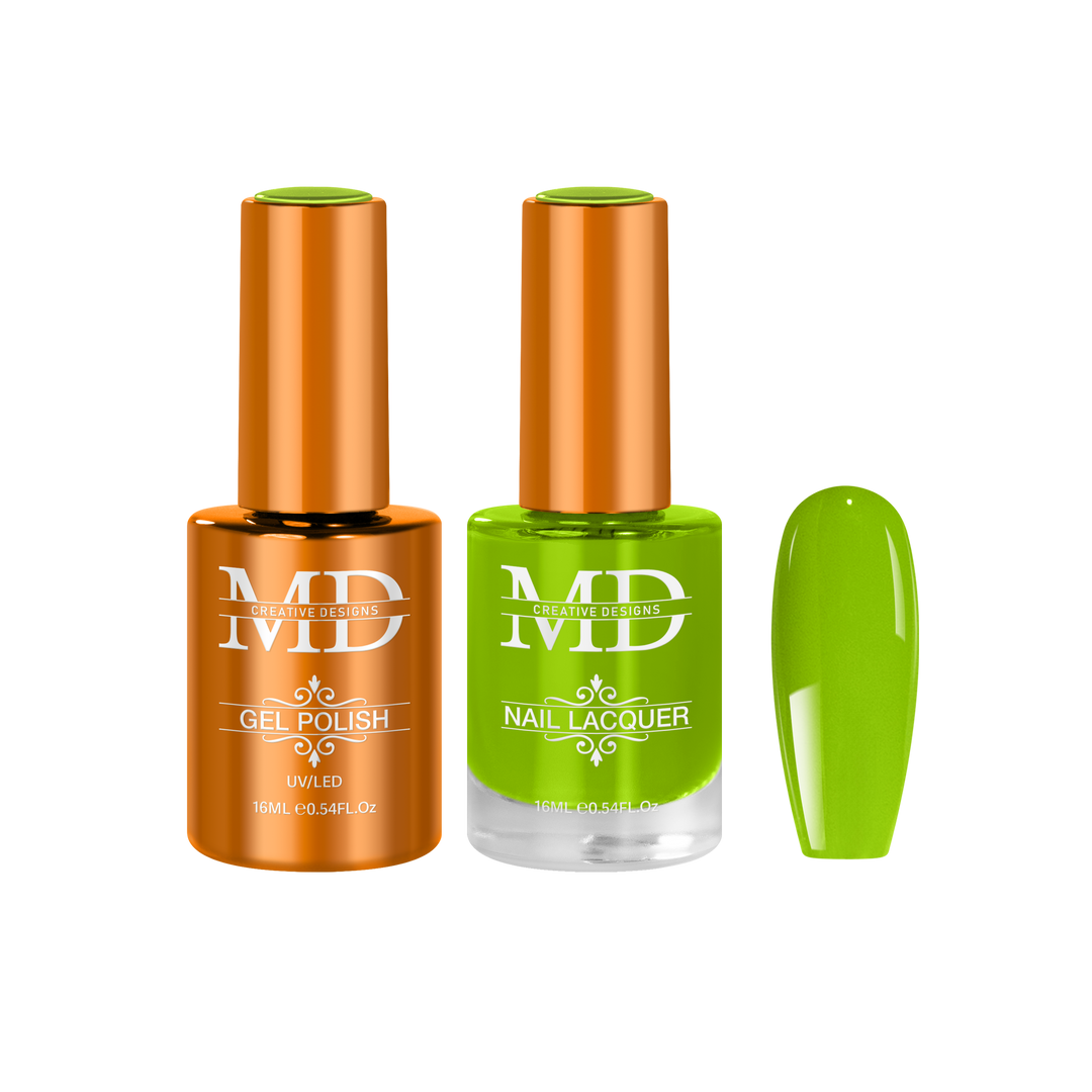 Two bottles of nail polish with a green nail tip swatch on a white background.