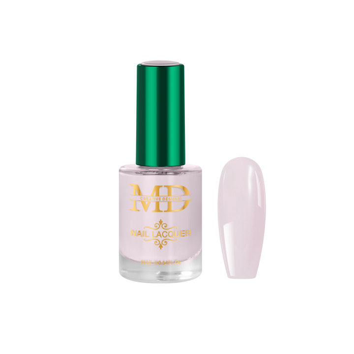 Nail polish bottle with green cap and gold text on a white background