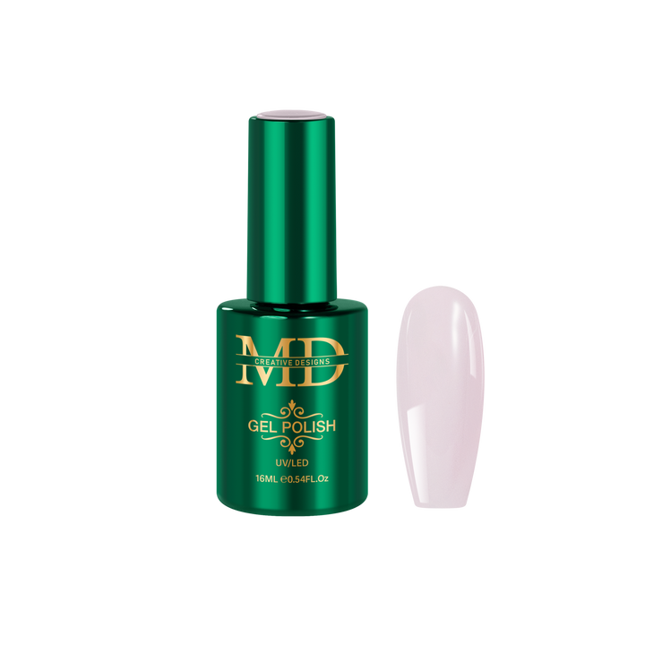 Green gel polish bottle with a light pink nail tip color swatch on a white background
