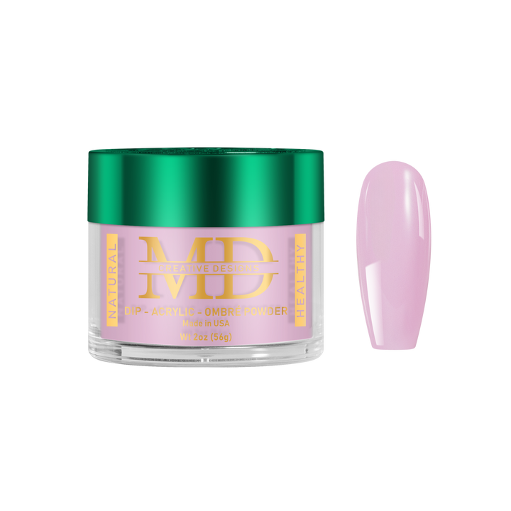 Jar of MD nail powder with a pink nail tip color swatch on a white background