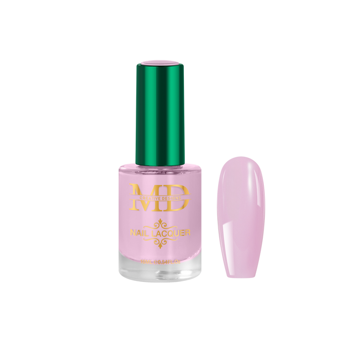 Pink nail polish bottle with green cap on a white background