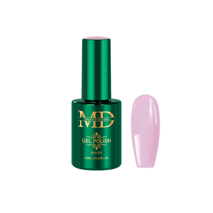 Green gel polish bottle with a pink nail tip color swatch on a white background