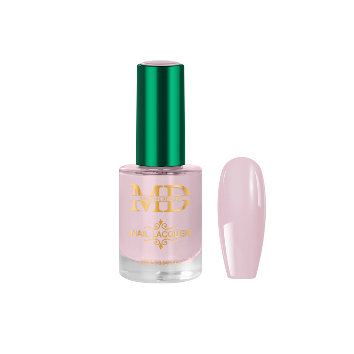 Pink nail polish bottle with green cap on a white background