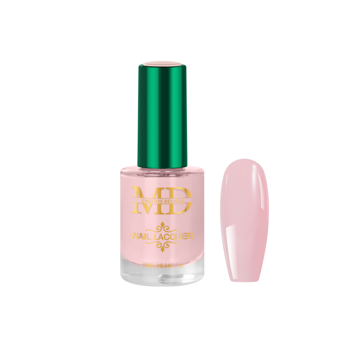 Pink nail polish bottle with green cap on a white background