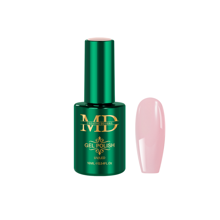 Green gel polish bottle with a pink nail tip color swatch on a white background