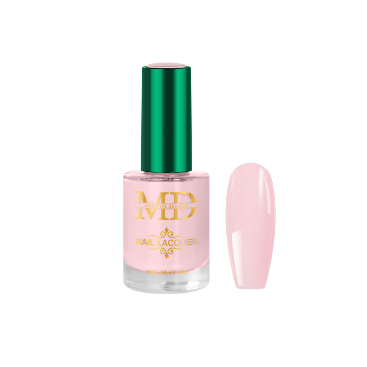 Pink nail polish bottle with green cap on a white background