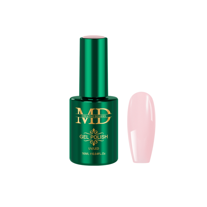 Green gel polish bottle with a pink nail tip color swatch on a white background
