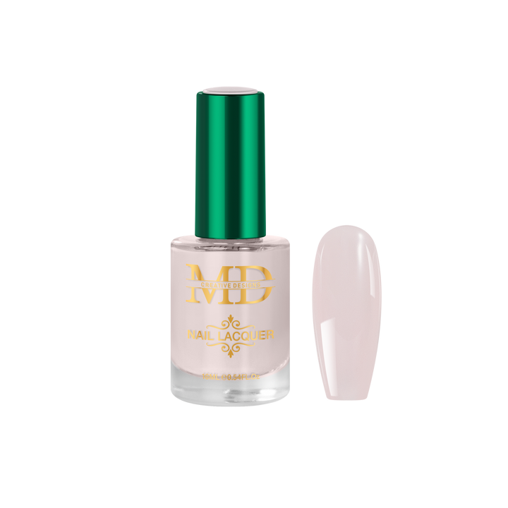 Nail polish bottle with green cap and gold text on a white background