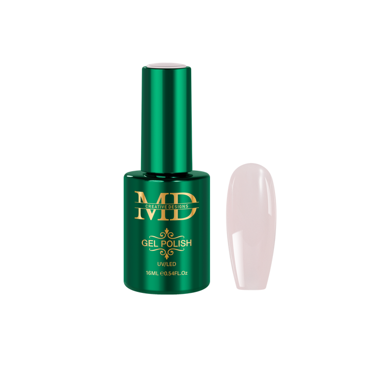 Green gel polish bottle with a white nail tip color swatch on a white background