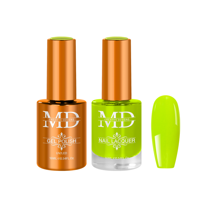 Two bottles of nail polish with a green nail tip swatch on a white background