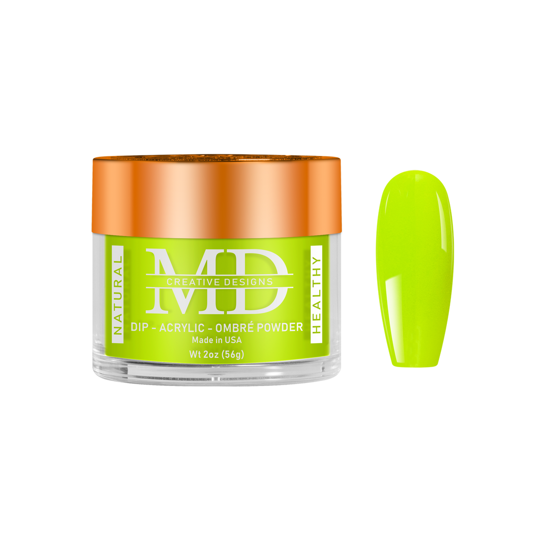 Green nail powder with orange cap on a white background