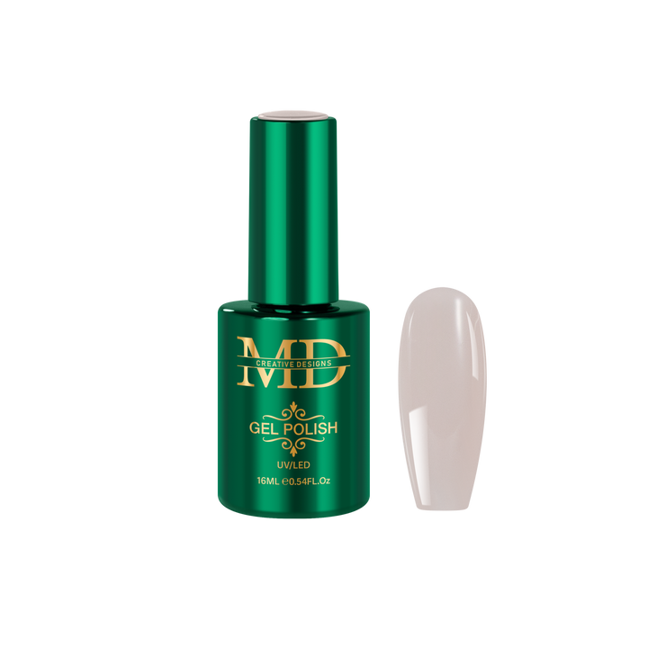 Green gel polish bottle with a white nail tip next to it on a white background