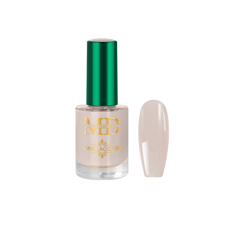 Nail polish bottle with green cap and gold text on a white background