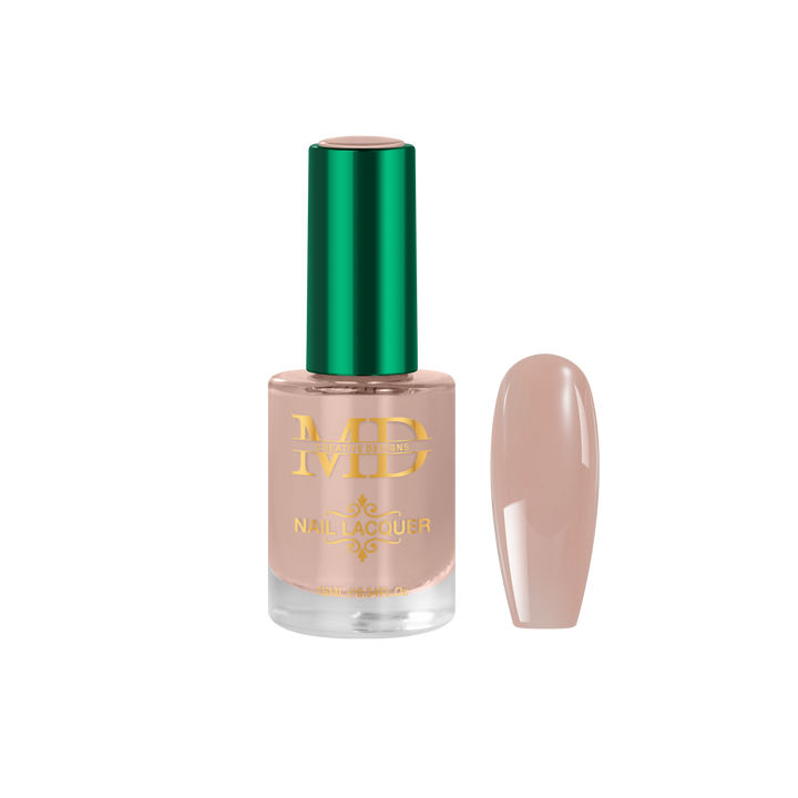 Nail polish bottle with green cap and beige nail tip color swatch on a white background