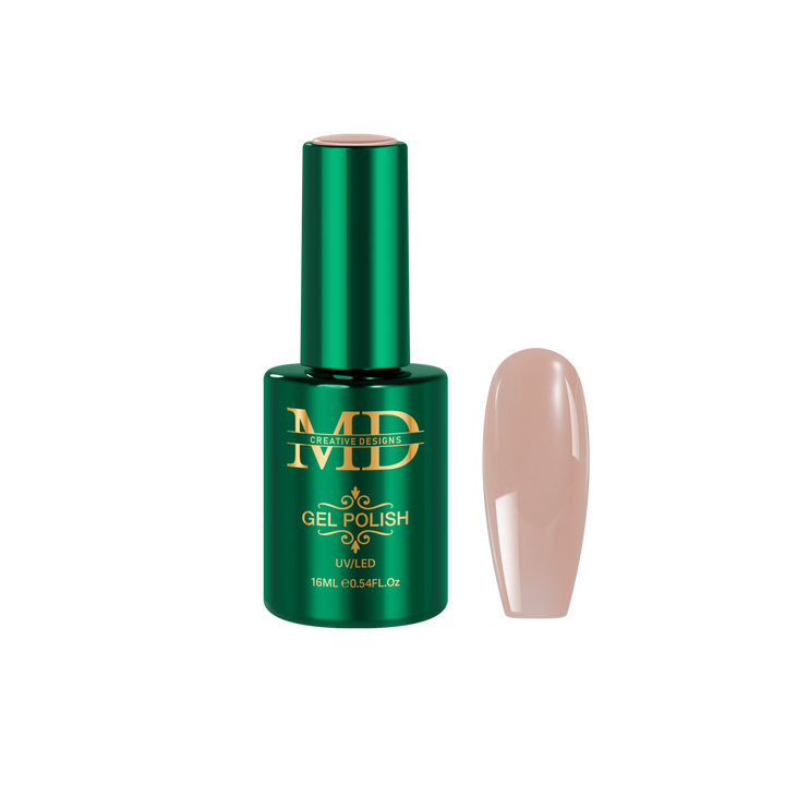 Green gel polish bottle with a brown nail tip color swatch on a white background