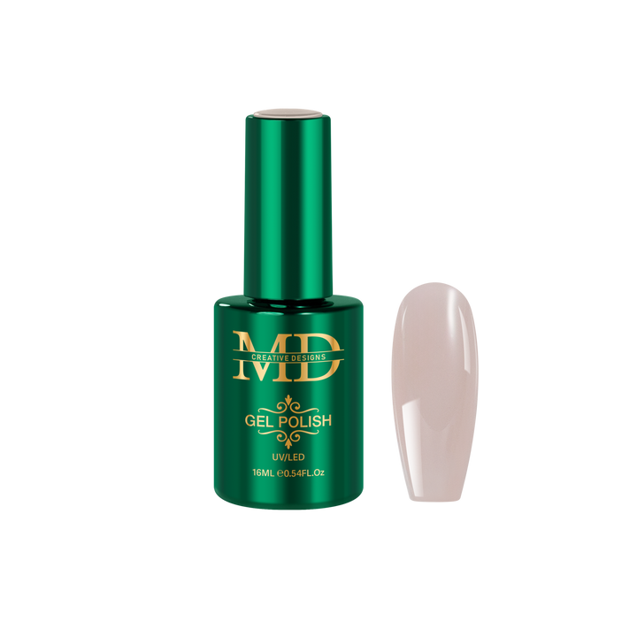 Green gel polish bottle with a beige nail tip color swatch on a white background