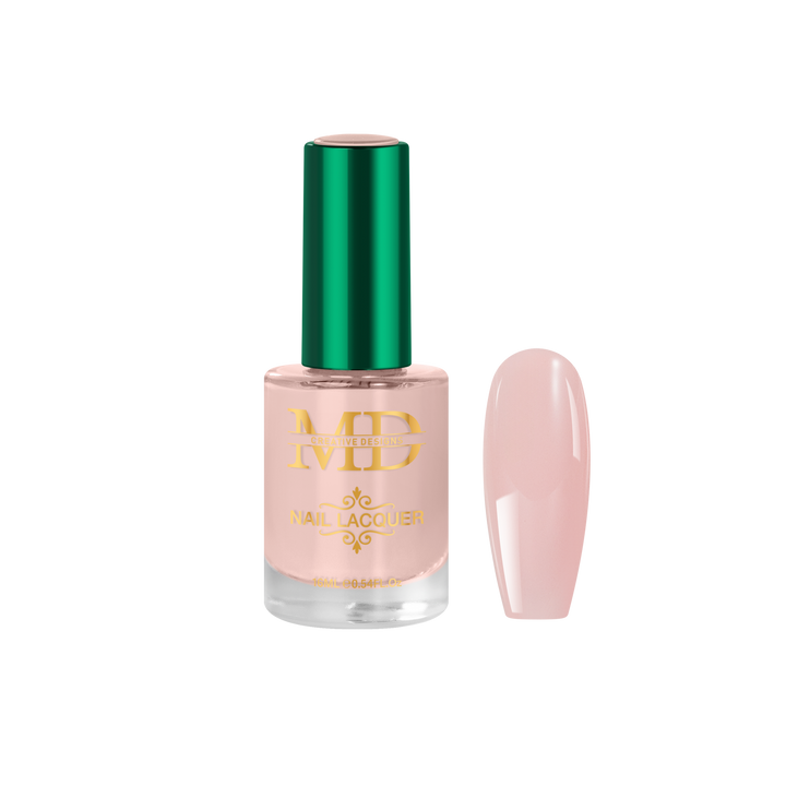 Pink nail polish bottle with green cap on a white background