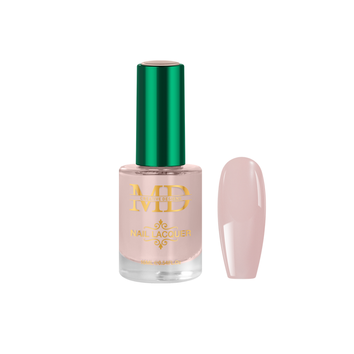 Nail polish bottle with a green cap and gold text on a white background