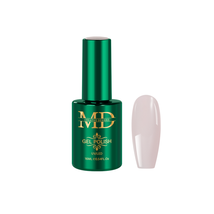 Green gel polish bottle with a white nail tip color swatch on a white background