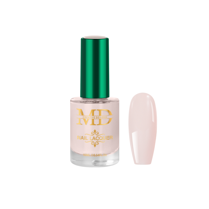 Nail polish bottle with green cap and gold text on a white background