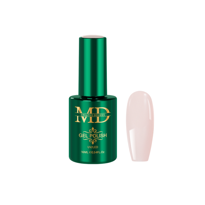 Green gel polish bottle with a beige nail tip color swatch on a white background