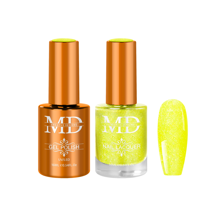Two bottles of nail polish with a yellow nail tip swatch on a white background