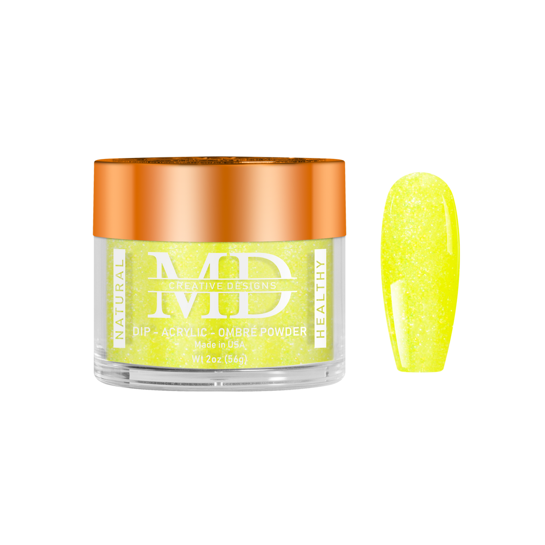 Jar of MD powder with a yellow powder on a white background