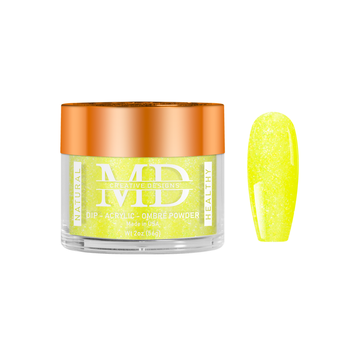 Jar of MD powder with a yellow powder on a white background