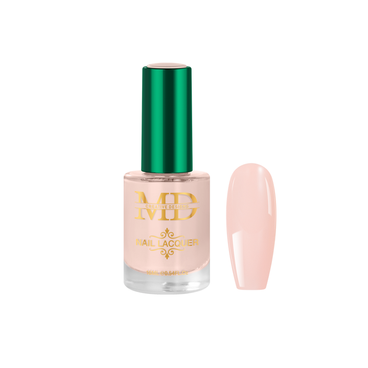 Nail polish bottle with a green cap and pink nail tip color swatch on a white background