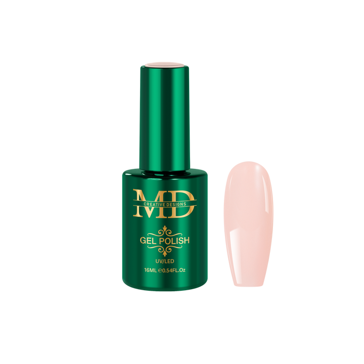 Green gel polish bottle with a pink nail tip color swatch on a white background